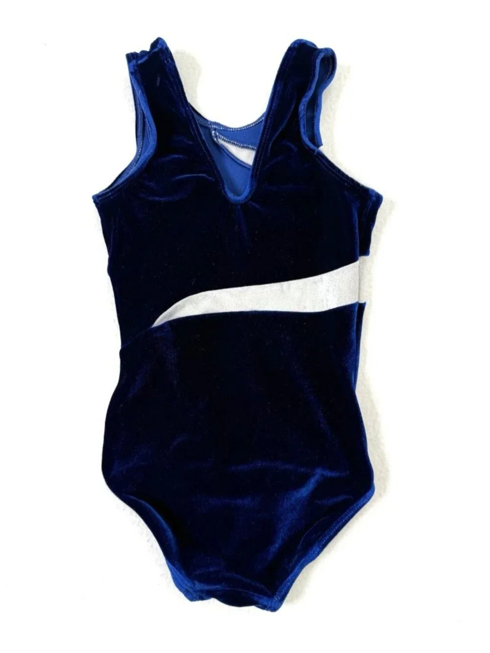 GK Elite Sportswear Velour Silver Sparkle Leotard Youth size Medium Blue